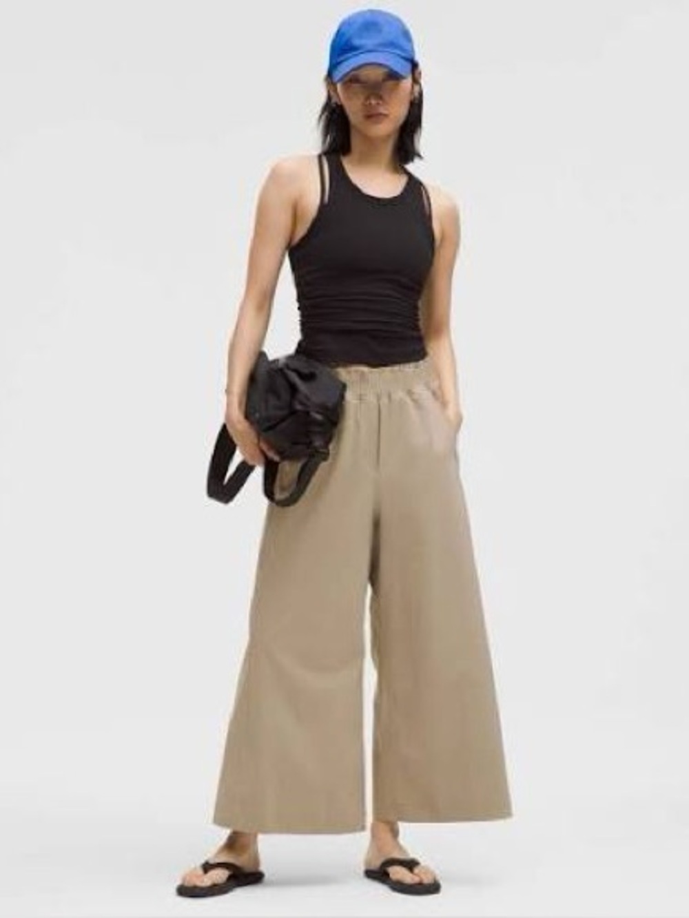LULULEMON Stretch Woven Ruffle-waist wide leg cropped pants size L | Sheer Oak